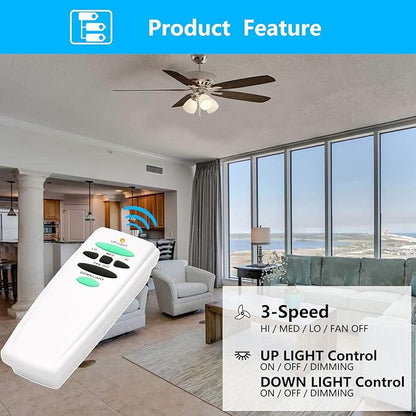 Universal Ceiling Fan Remote Control Kit with Up Down Light Controls Replacement for Hampton Bay Hunter Harbor Breeze,w/Receiver Dimmer 3-Speed,Replace for UC7078T CHQ7078T UC7083T CHQ7083T Fan-HD