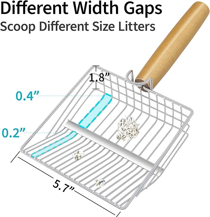 UFECODO Fast Sifting Cat Litter Scoop with Holder Stand, 2 Widths of Slots Stainless Steel Poop Scooper with Ergonomic Wood Handle, Heavy Duty and Easy Clean-Mewly Pet