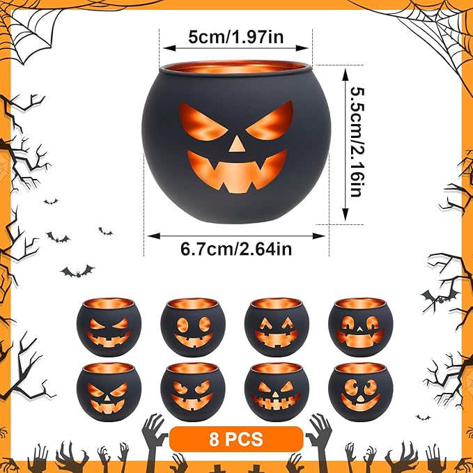 Set of 8 Halloween Candle Holder, Tealight Grimace Holder, Black Votive Candlesticks for Table Centerpieces Party Decoration