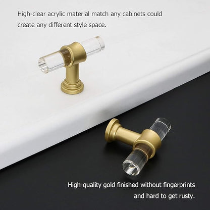 LONTAN 35 Pack Acrylic Kitchen Cabinet Knobs Gold Drawer Knobs Modern T Bar Clear Cabinet Door Handles White Kitchen Hardware for Dresser Bathroom,Zinc Alloy Base