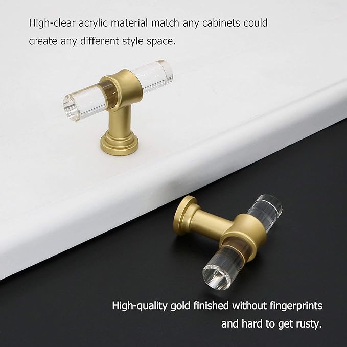 LONTAN 6 Pack Acrylic Kitchen Cabinet Knobs Gold Drawer Knobs Modern T Bar Clear Cabinet Door Handles White Kitchen Hardware for Dresser Bathroom,Zinc Alloy Base