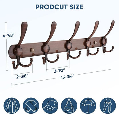 TICONN Wall Mounted Coat Rack, Five Heavy Duty Tri Hooks All Metal Construction for Jacket Coat Hat in Mudroom Entryway (Antique Bronze, 1-Pack)