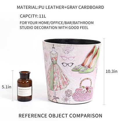 PU Leather Small Trash Can Wastebasket, Round Garbage Container Basket for Bathrooms, Laundry Room, Kitchens, Offices, Kids Rooms, Bedrooms,Dorms,Home Decorative Art Bin, 2.9 Gallon(Fashion Style)