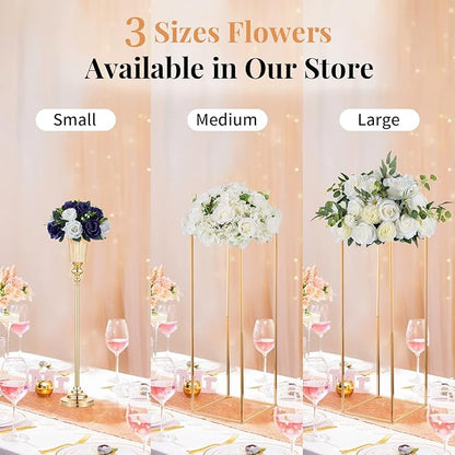 NUPTIO Artificial Flower Centrepieces for Tables - 2 Pcs 9.5in Diameter Navy Blue & White Fake Flowers Roses Balls - Silk Faux Rose Arrangement for Wedding Party Centerpiece Table Decorations