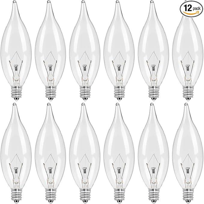 12-Pack E12 Candle Light Bulbs 25W Warm White 2500K, 240 Lumen Dimmable Chandelier Light Bulbs for Ceiling Fan, Pendants or Outdoor, CA10 Clear Candelabra Base Bulbs