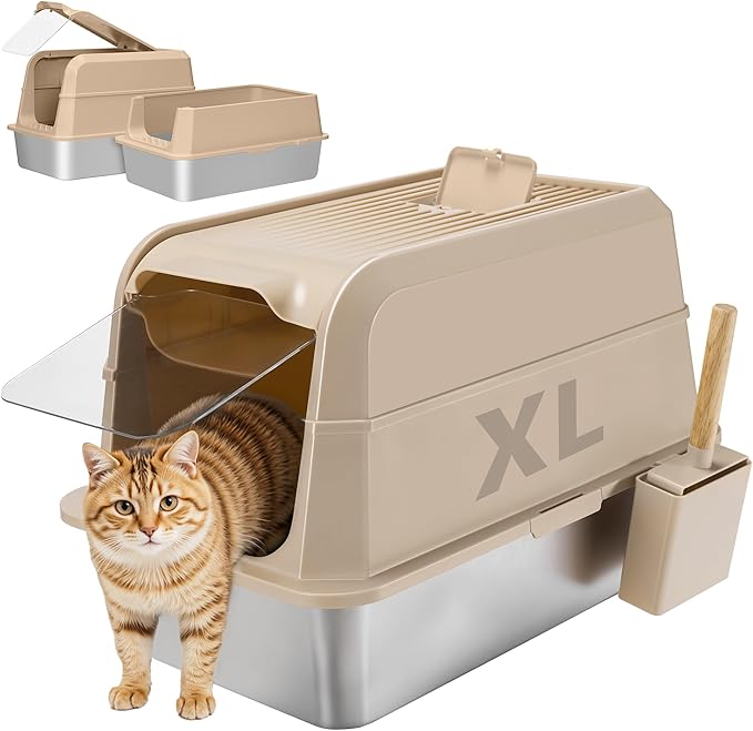 Stainless Steel Litter Box with Lid, XL Extra Large Cat Litter Box, Enclosed Metal Litter Pan with High Sided Enclosure & Scoop, Anti Leakage, Easy to Clean, Odor Control(Khaki)-Mewly Pet