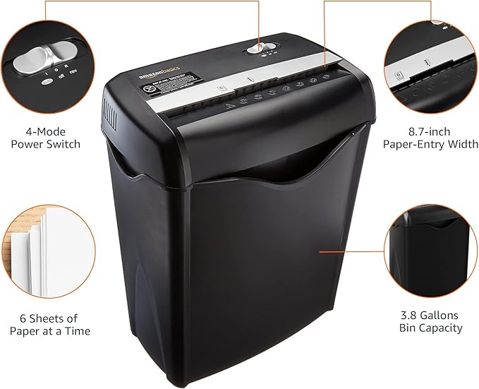 Amazon Basics 6 Sheet Cross Cut Paper and Credit Card Home Office Shredder with 3.8 Gallon Bin, Black-Mewly Pet