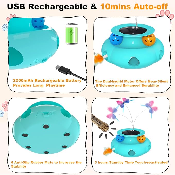 Interactive Cat Toys for Indoor Cats, 3in1 Pet Teaser Toy with Ambush Feather Wand, Fluttering Butterfly and Track Balls, Touch Activated Automatic Kitten Rechargeable Toys-Mewly Pet