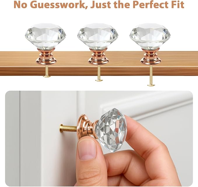 DEELF 12 Packs Kitchen Cabinet Knobs, 40 mm Crystal Cabinet Knobs, Diamond Dresser Handle Drawer Pulls, Dresser Knobs for Cabinets and Drawers, Rose Gold Base