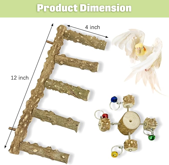 BNOSDM Natural Wood Bird Ladder Perch with Rotating Bell Toys-Exercise Stands for Parrot Climbing Chewing Parakeet Bridge Cage Accessories for Cockatiel, Conures, Lovebirds, Budgie-Mewly Pet
