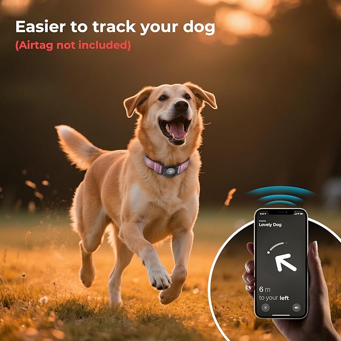 2025 Upgrade Airtag Dog Collar, Reflective Dog Collar with Airtag Holder, IP68 Waterproof| Metal Buckle| Ultra-Durable| Comfortable Padded, GPS Dog Collars for Medium Large Dogs (Pink,L)-Mewly Pet