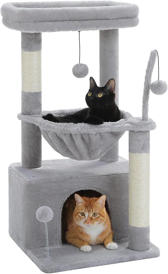 PEQULTI 4-in-1 Cat Tree, 33'' Cat Tower for Indoor Cats with Large Cat Condo, Scratching Post for Cats with Deep Hammock& Cozy Top Perch, Grey-Mewly Pet