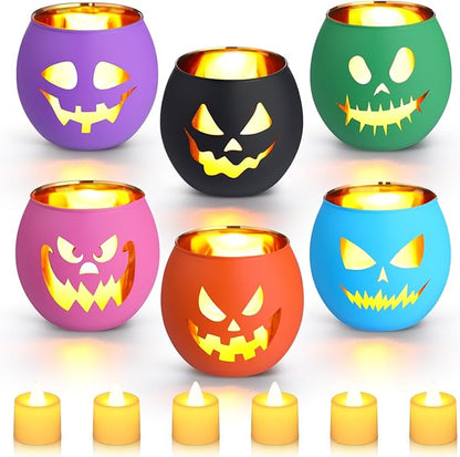 VIHOSE 6 Set Halloween Candle Holders Grimace Glass Votive Holder Tea Light with LED Battery Operated Candles Halloween Table Decorations for Home Table Centerpiece Decor Gifts