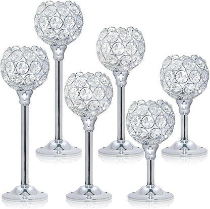 Crystal Metal Tealight Candlestick, Bling Bowl Candelabras, Tall Crystal Votive Candle Holders Elegant Crystal Candle Centerpiece for Dining Table Wedding Decor (Set of 6, Silver)