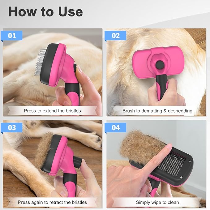 Self-Cleaning Pet Grooming Brush - Skin-Friendly Deshedding Tool for Dogs & Cats in Pink, Removes Loose Hair and Tangles-Mewly Pet