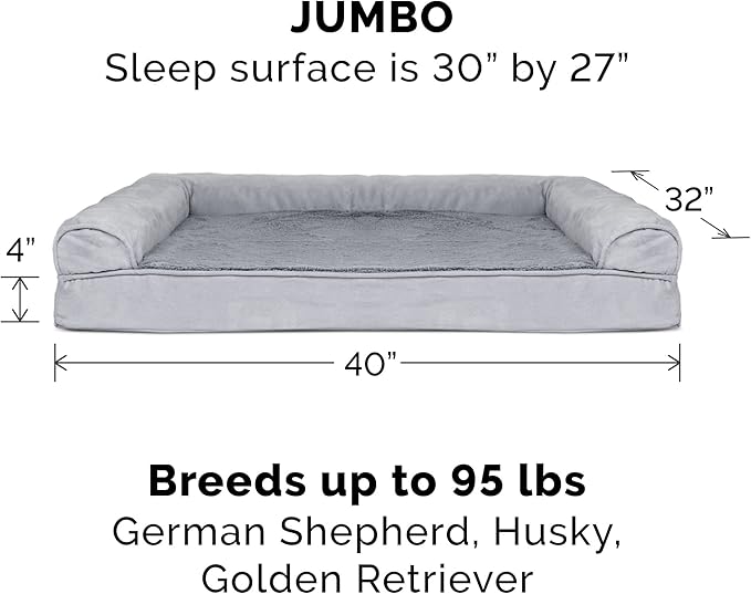 Furhaven Orthopedic Dog Bed for Large Dogs w/ Removable Bolsters & Washable Cover, For Dogs Up to 95 lbs - Plush & Suede Sofa - Gray, Jumbo/XL-Mewly Pet