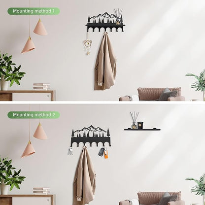 Wall Mounted Mountain Key & Mail Holder with Shelf | Metal Key Organizer with 2 in 1 Key Hooks for Entryway, Hallway, Office