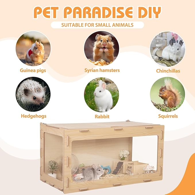 COZIWOW Wooden Hamster Cage Chewproof, Bigger World - 32" Large Hamster Cages and Habitats, Openable Top & 3 Side Acrylic Sheets, Small Animal Cage Pet House for Syrian Dwarf Guinea Pig Chinchilla-Mewly Pet
