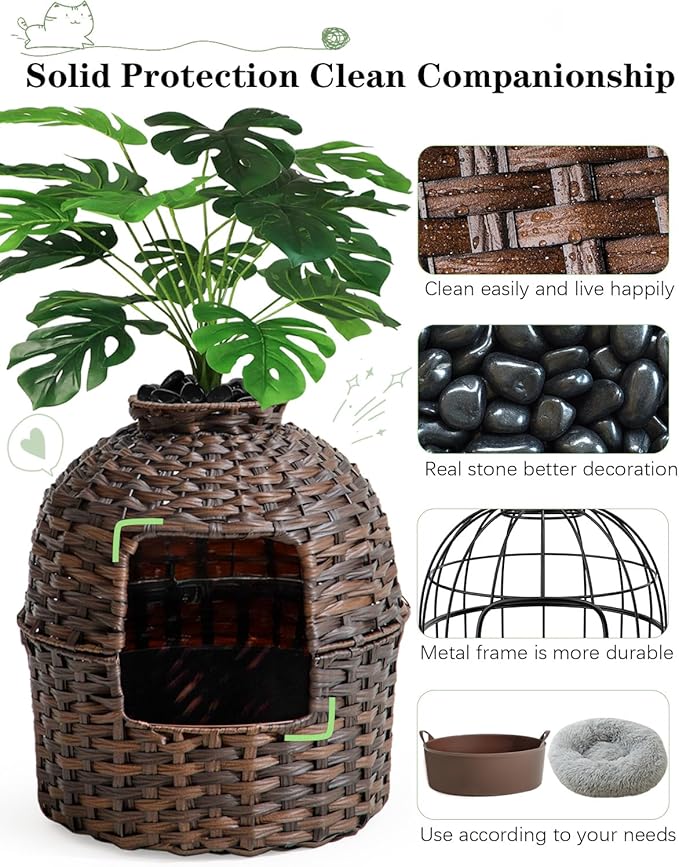 Cat Litter Box Plant Furniture Enclosure, Hidden Handwoven Rattan with Cat Litter Box and Artificial Plants, Odor Control Filter, Real Stones in Living Room, Bedroom, Corner (Brown)-Mewly Pet