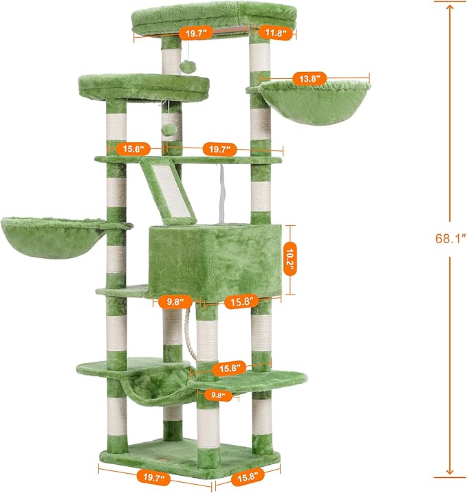 Heybly Cat Tree, 68 inch Multi-Level Cat Tower for Indoor Cats, 2 Widened Plush Perches Cat Condo with Scratching Board and Big Caves, Green HCT025GR-Mewly Pet