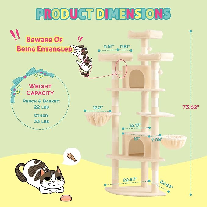 SHA CERLIN 73in Fan-Shaped Corner Cat Tower for Save Space/Multi-Level Tall Cat Tree for Indoor Kitties/Condo with Baskets/Cozy Perches/Sisal Scratching Posts/Pet Activity House/Beige-Mewly Pet
