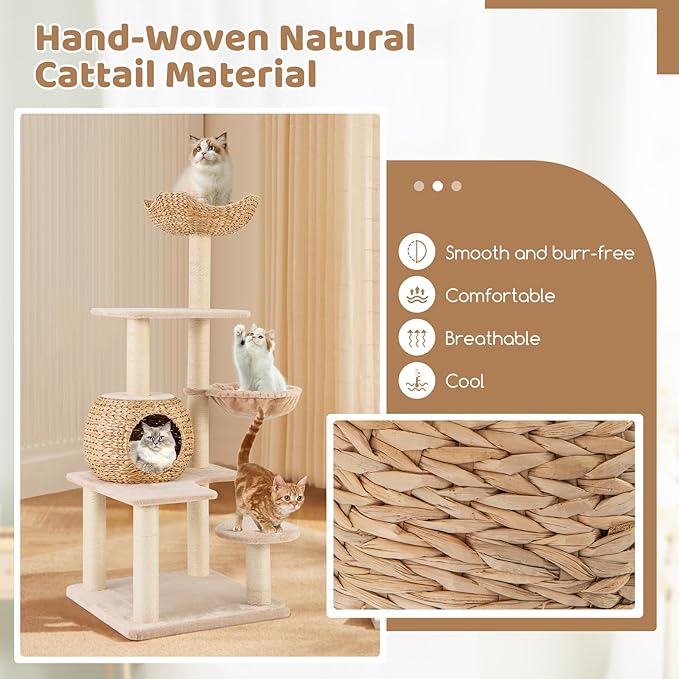 PETSITE 59 inch Cattail Cat Tree Tower, Multi-Level Cat Tower with Natural Sisal Scratching Posts, Condo, Basket, Top Perch and Jumping Platforms, Modern Tall Cat Tree for Indoor Cats-Mewly Pet