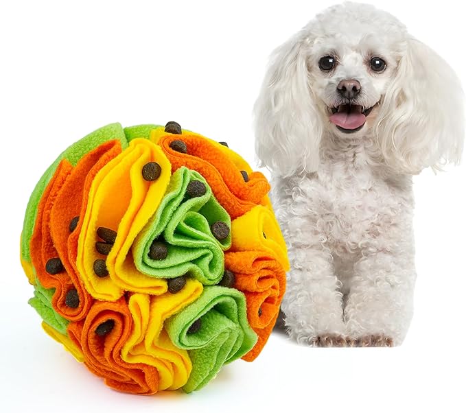 Pet Snuffle Ball, Puzzle Sniffing Interactive Dog Ball for Blind Dogs Training Stress Relief Dog Enrichment Toys Treat Machine Washable (15cm, Yellow Orange Green)-Mewly Pet