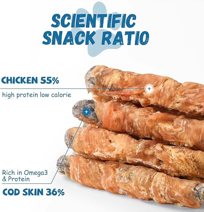 Dog Treats Chicken Wrapped Cod Fish Skin Sticks, Healthy High Protein Omega3 Cod Twist Dog Chews Real Chicken Wrap Teeth Cleaning for Large Medium Small Breeds, 10.6 oz-Mewly Pet