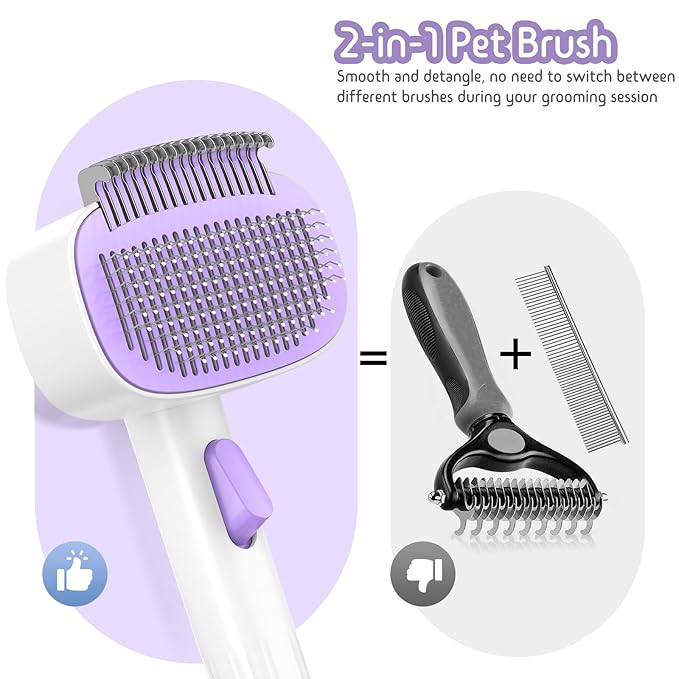 Self Cleaning Slicker Brush, 2-in-1 Cat Brush for Shedding, Skin Friendly Grooming Tool for Long & Medium-Long Hair Pets, Adjustable Bristle Length with Dematting Comb for Cats, Dogs (Purple)-Mewly Pet
