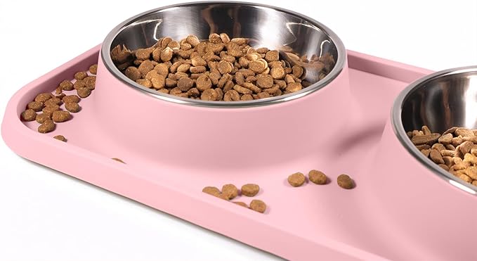 Cat Food Bowls, Cat Bowls Non-Skid and Non-Spill Silicone Pads with PP Stand, Removable Stainless Steel Food and Water Dishes for Cats, Small Size Dogs-Mewly Pet