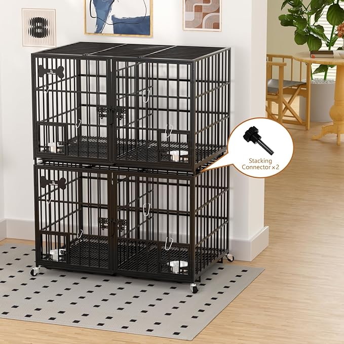 aboxoo 48 inch Stackable Heavy Duty Metal Dog Crate for 4 Dogs/Large Dog,All Metal Open Top Access,Escape Proof Cage,Dog Kennel Indoor with Wheels,Floor Grid, Tray, Divider and Feeding Bowl-Mewly Pet