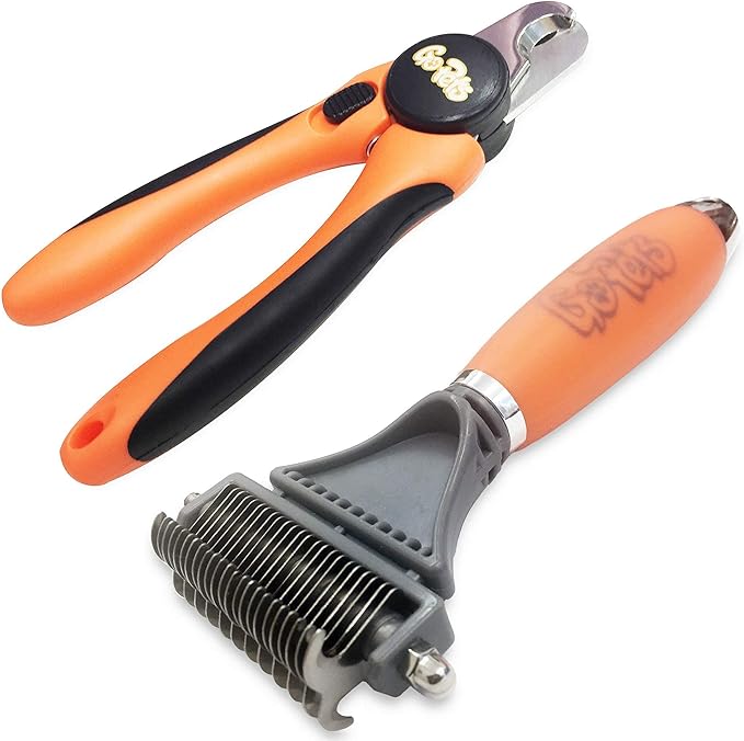GoPets Grooming Kit Bundle with 2 Sided Dematting Comb and Deshedding Rake + Nail Clipper for Dogs and Cats Includes Nail File and Trimmer-Mewly Pet