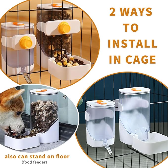 34oz Automatic Rabbit Feeder for Cages, Hanging Auto Bunny Food Bowl Dispenser Small Aniaml Cage Accessories for Ferret Guinea Pig Rat Rabbit Cat Puppy (White)-Mewly Pet
