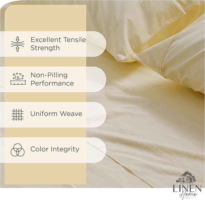 Linen Home 100% Cotton Percale Sheets Twin XL Size, Ivory, Deep Pocket, 3 Pieces Set - 1 Flat, 1 Deep Pocket Fitted Sheet and 1 Pillowcase, Crisp Cool and Strong Bed Linen