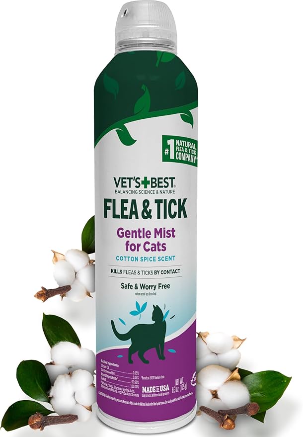 Vet's Best Natural Flea & Tick Mist for Cats – Plant-Powered Spray with Cotton Spice Scent – Natural Flea Prevention and Pest Control – Gentle Formula for Indoor Use – Safe for Pets – 6.3 oz-Mewly Pet