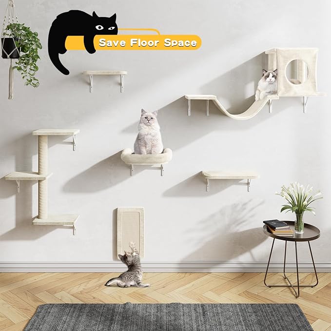 NUNU LAB Wall Mounted Cat Furniture, 6 Pcs Cat Wall Shelves with Condo House, Bridge, Steps, Scratcher, Hammock, Indoor Safe & Stable Furniture for Kittens Play, Beige-Mewly Pet
