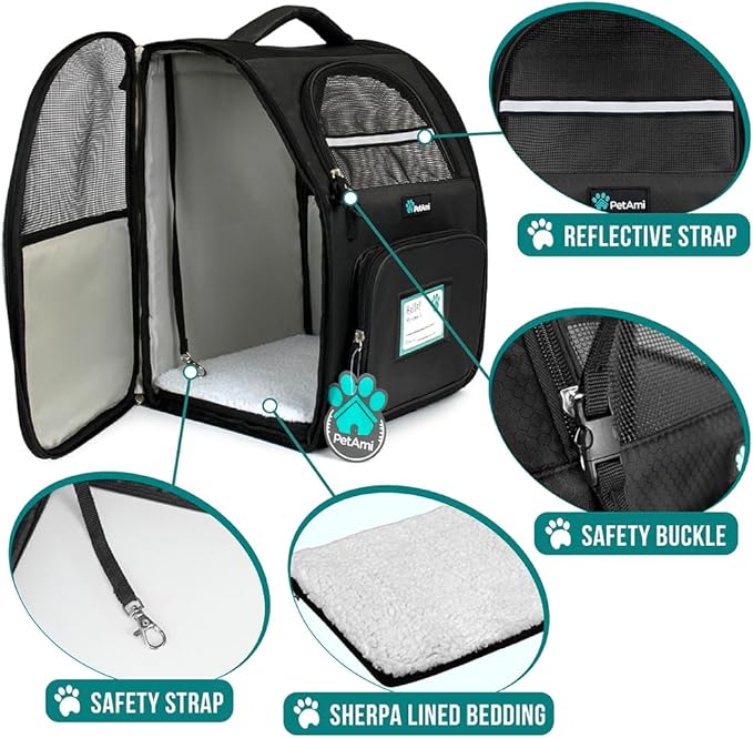 PetAmi Dog Backpack Carrier for Small Large Cat, Pet, Puppy, Ventilated Pet Hiking Backpack Travel Bag, Airline Approved Cat Backpack Carrier, Camping Biking Dog Bag Up to 18lbs Pet, Black-Mewly Pet