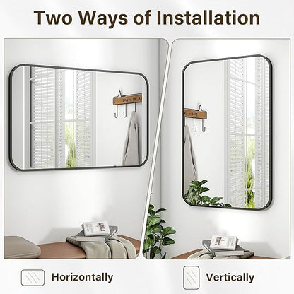 HARRITPURE Rectangular Bathroom Mirror 38''x26'' Black Bathroom Wall Mirror Aluminum Frame Wall-Mounted Mirrors for Entryway Bedroom Living Room