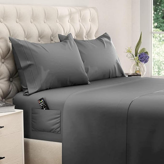 DREAMCARE Twin Sheets - Cooling Bed Sheets - 4pcs Set - up to 15" Deep Pocket Twin Bed Sheets - Twin Sheet Set - Soft Lasting 100% Fine Brushed Polyester with Side Pocket - D.Gray
