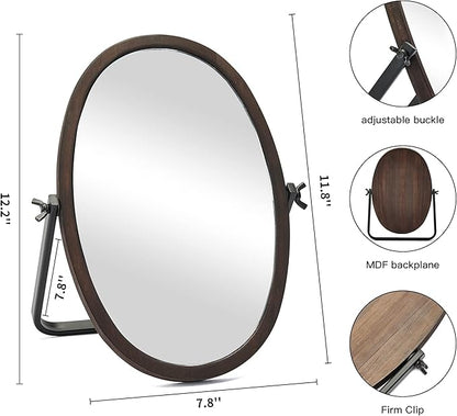 Vanity Table Makeup Mirror-Desk Small Standing Vintage Mirrors 360° Adjustable Rotation, Bronze Wood Framed for Dressing Table,Bedroom, Bathroom,Tabletop,Antique,Desktop 11.8'' x 7.8''