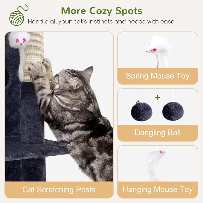 Globlazer Cat Tree Tower for Indoor Cats, 50-inch Adult Cat Tree House for Large Adult Cats with Steps, Scratching Post, 2 Cat Caves, Dangling Toys, FC50, Dark Grey-Mewly Pet