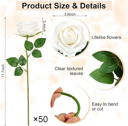 Ouddy Decor 50 Pcs Artificial White Roses Bulk Realistic Silk Roses with Long Stems Fake Roses Flowers for Wedding Bridal Bouquet DIY Table Centerpieces Arrangement Valentines Day Home Decor, White