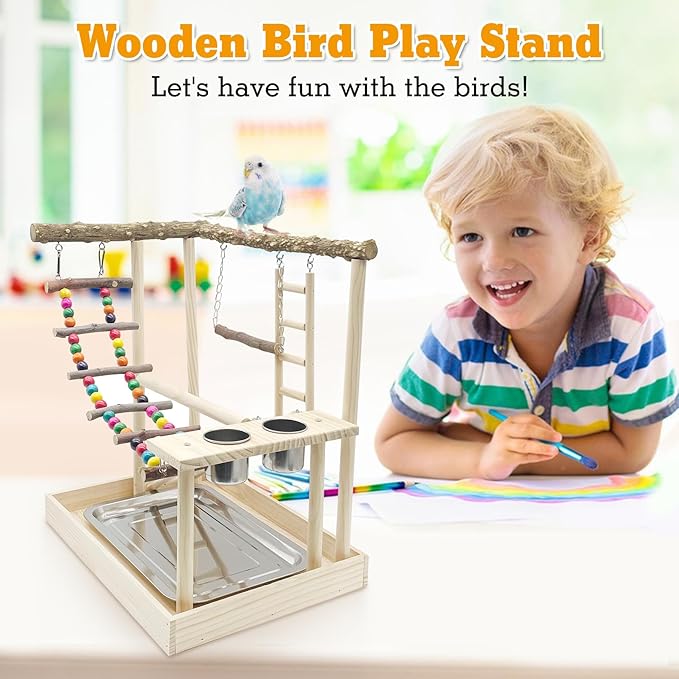 Hamiledyi Bird Playground Parrots Wood Perch Stand Cockatiel Playground Bird Play Gym Colours Climb Ladders Swing Chewing Toys with Parakeet Feeding Cups Exercise Activity Center for Lovebirds Conure-Mewly Pet