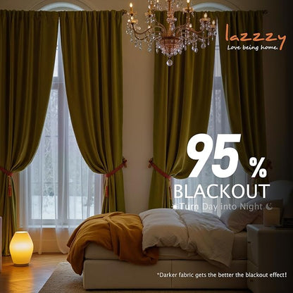 Lazzzy Velvet Blackout Curtains Thermal Insulated Room Window Drapes Super Soft Luxury Curtains for Living Room Bedroom Rod Pocket 2 Panels, Golden Olive, 52" W x 96" L