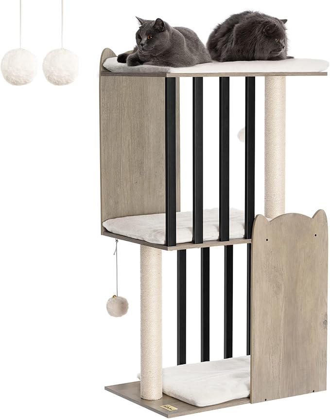FourFurPets 43.8in 3-Tier Modern Cat Tree Tower Condo, Cat Scratch Posts for Indoor Cats, Big Plate, Two 19.7in Full Sisal Scratching Posts, Greige-Mewly Pet
