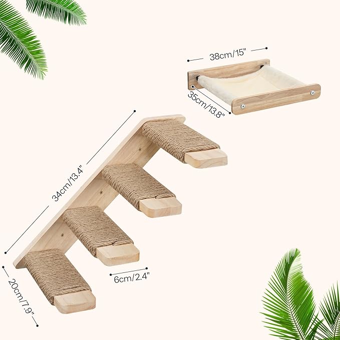 HOOBRO Cat Wall Shelf Set of 2, Wall Mounted 4-Level Cat Steps with Jute Scratching Steps, Hammock Wall Mounted, Holds up to 40 lb, Cat Wall Furniture, for Playing, Natural NL41CS03-Mewly Pet