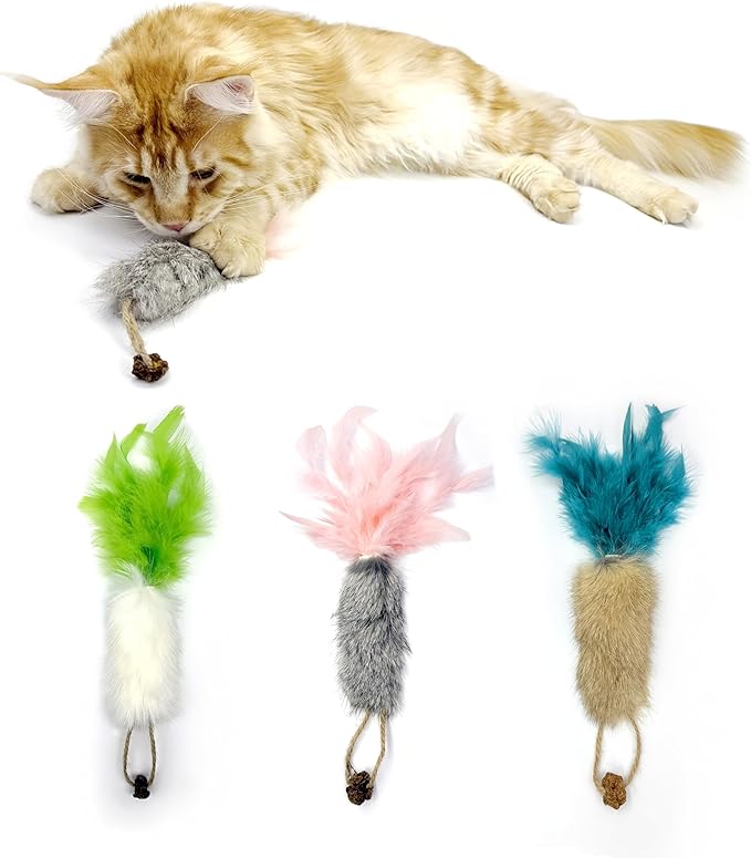 3 Pack Rabbit Fur Catnip Toys with Feathers – Interactive Carrot Cat Toys with Galls Fruit for Indoor Cats and Kittens-Mewly Pet