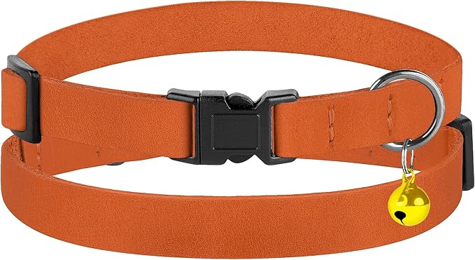 Breakaway Cat Collar Leather with Removable Bell - 13 Colors Available - Soft Adjustable Girl Boy Safety Lightweight Pet Kitten Collars Pink Brown Blue Green Red Orange Black (Orange)-Mewly Pet