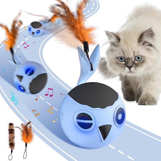ORSDA Cat Toys, Interactive Cat Toy for Indoor Cats, Automatic Moving Ball Bird for Indoor Adult Cats Kitten Toys All Breeds, Fast Rolling Motion Activated Chirping Stimulating Light, 2 Feather Refill-Mewly Pet