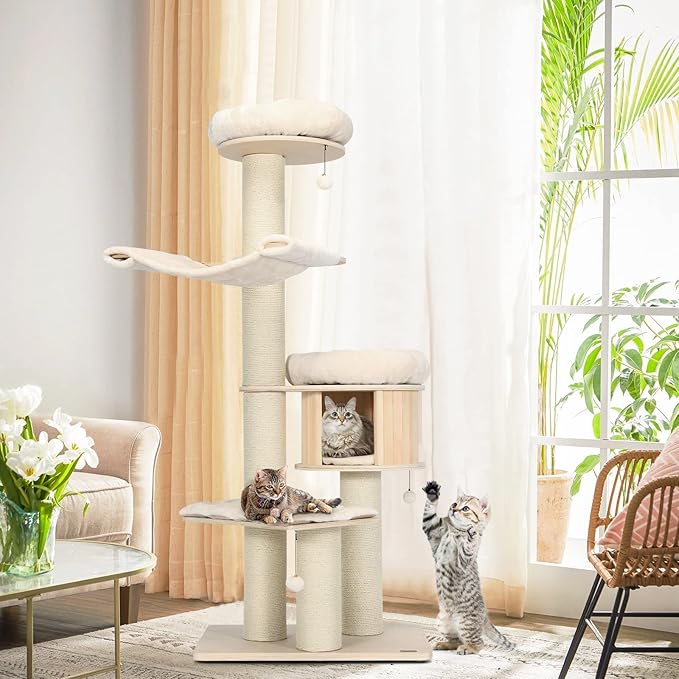 Tangkula Modern Cat Tree, Multi-Level Large Cat Tower with Condo, Hammocks & Hanging Basket, Tall Cat Tree with Sisal Posts, Washable Cushions, Wood Cat Trees and Towers for Indoor Large Cats-Mewly Pet